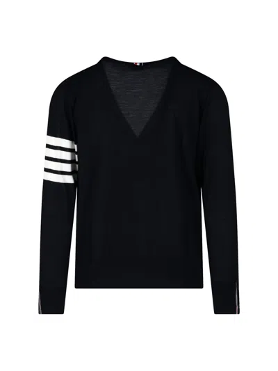 Thom Browne Navy Blue Merino Wool 4- Bar Cardigan In Black