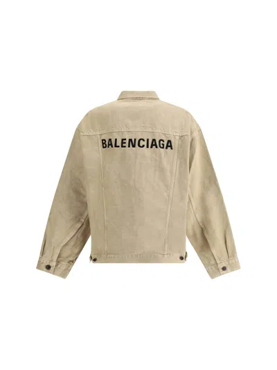 Balenciaga Beige Denim Jacket With Contrast Logo Embroidery In Neutral