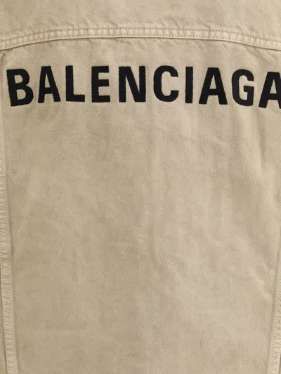 Balenciaga Beige Denim Jacket With Contrast Logo Embroidery In Neutral