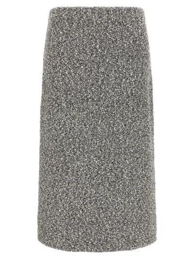 Tory Burch Mid-calf Tweed Skirt With Textured Fabric And Smooth Waistband In Gray