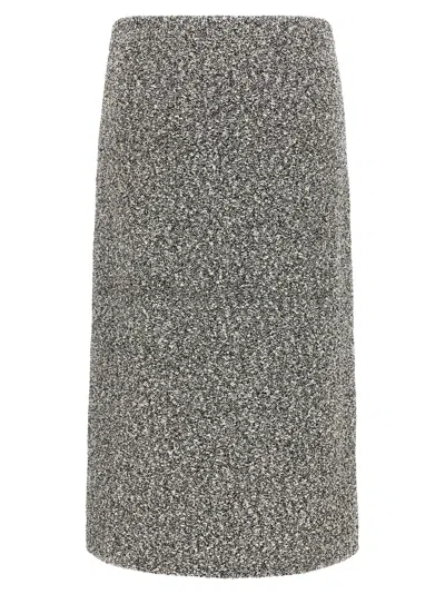 Tory Burch Mid-calf Tweed Skirt With Textured Fabric And Smooth Waistband In Gray