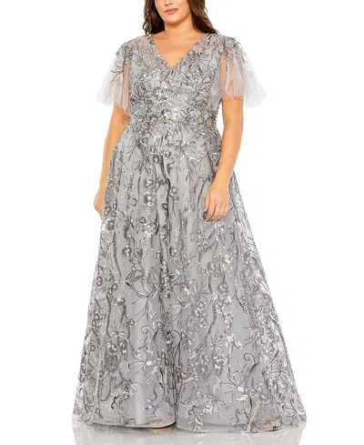 Mac Duggal Plus High Neck Flutter Sleeve Embellished A-line Gown In Gray