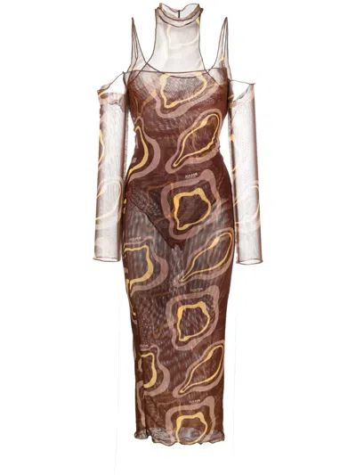 Julfer Janet Abstract-print Midi Dress In Brown