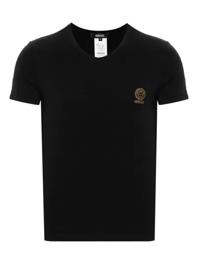 Versace Black Crewneck T-shirt With Medusa Logo Print In Stretch Cotton Man