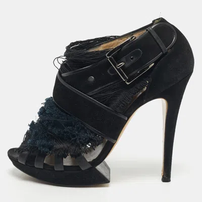 Pre-owned Nicholas Kirkwood Black/blue Suede And Fabric Criss Cross Platform Booties Size 40