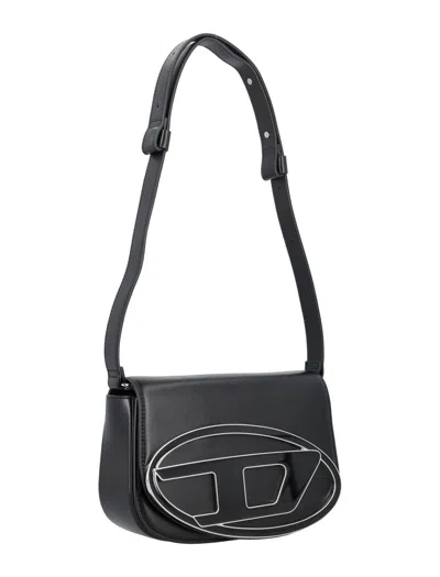 Diesel 1dr Black Shoulder Bag With Oval D Patch In Leather Woman In Black