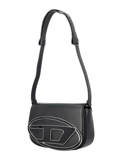 Diesel 1dr Black Shoulder Bag With Oval D Patch In Leather Woman In Black