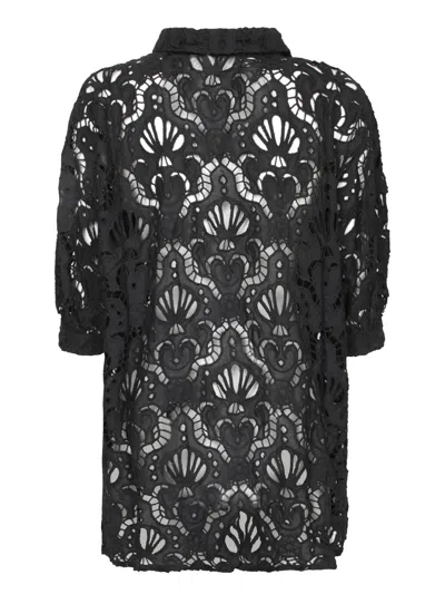 Farm Rio Openwork-design Button-up Top In Black