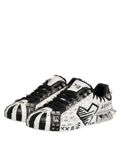 Pre-owned Dolce & Gabbana Black White Studded Low Top Sneakers Men's Shoes () In Multi