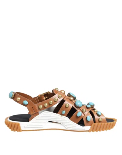 Dolce & Gabbana Brown Leather Studded Slides Sandals Men's Shoes In Brown
