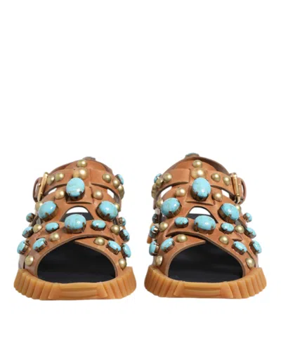 Dolce & Gabbana Brown Leather Studded Slides Sandals Men's Shoes In Brown