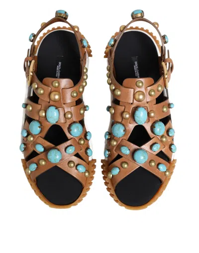Dolce & Gabbana Brown Leather Studded Slides Sandals Men's Shoes In Brown
