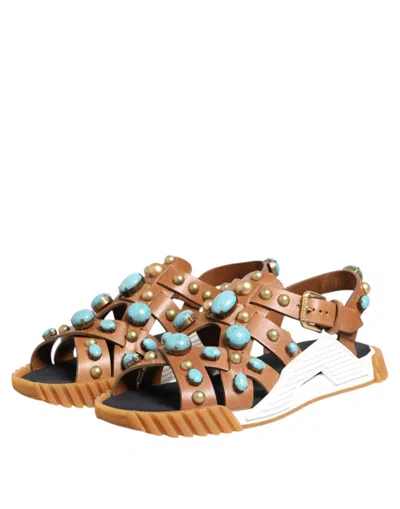 Dolce & Gabbana Brown Leather Studded Slides Sandals Men's Shoes In Brown