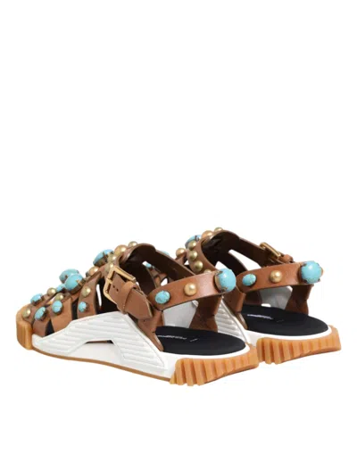 Dolce & Gabbana Brown Leather Studded Slides Sandals Men's Shoes In Brown
