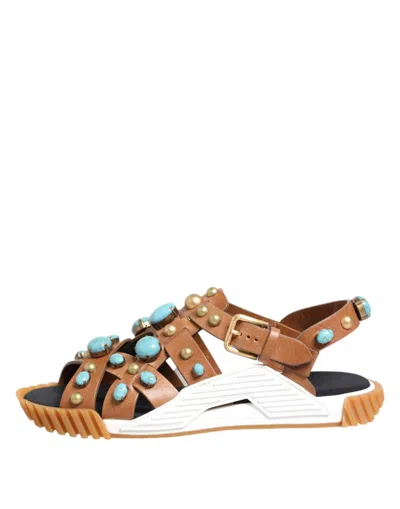 Dolce & Gabbana Brown Leather Studded Slides Sandals Men's Shoes In Brown