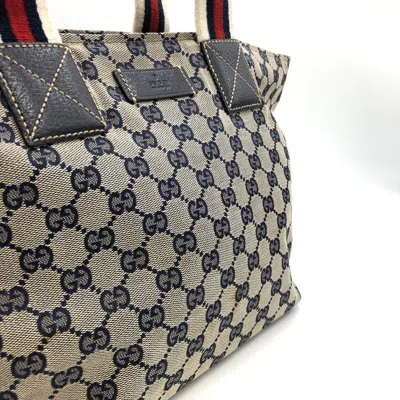 Pre-owned Gucci Gg Canvas Navy Gg Canvas Leather Tote Bag ()
