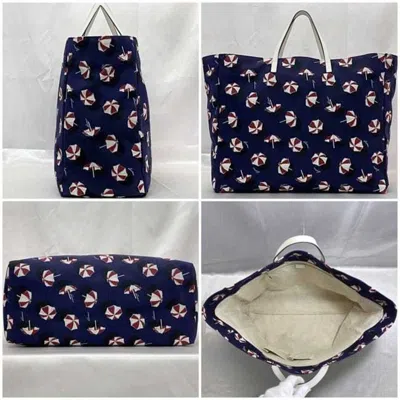 Pre-owned Gucci Navy White Canvas Leather Tote Bag ()