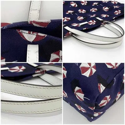 Pre-owned Gucci Navy White Canvas Leather Tote Bag ()
