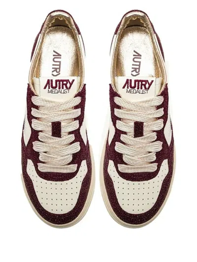 Autry Sneakers Medalist Low In Avory And Burgundy Glittered Leather. In Brown