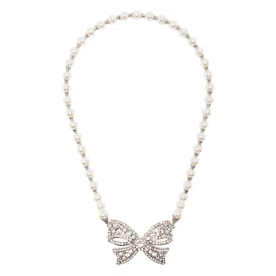 Alessandra Rich Bow Pendant With Pearl Beads And Rhinestone Embellishments In Silver