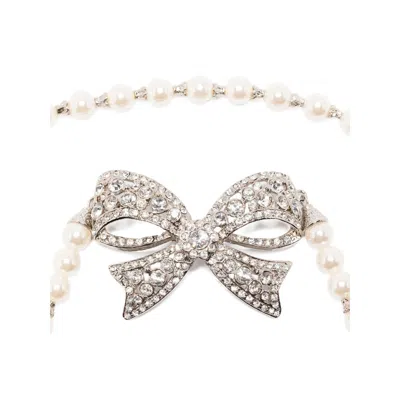 Alessandra Rich Bow Pendant With Pearl Beads And Rhinestone Embellishments In Silver