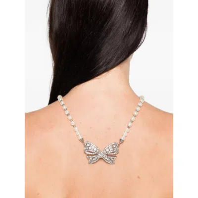 Alessandra Rich Bow Pendant With Pearl Beads And Rhinestone Embellishments In Silver