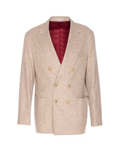 Brunello Cucinelli Double-breasted Puppytooth Cashmere And Silk-blend Suit Jacket In Neutral