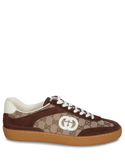 Gucci Men G75 Low-top Supreme Gg Fabric And Suede Sneakers In Brown