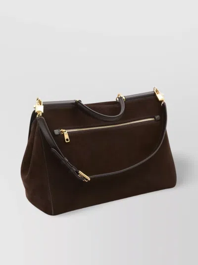 Dolce & Gabbana Sicily Small Leather-trimmed Suede Shoulder Bag In Brown