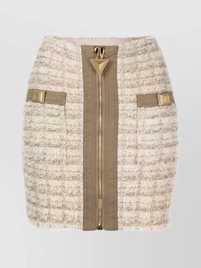 Balmain Button Embellished Front Zip Tweed Mini Skirt In Beige