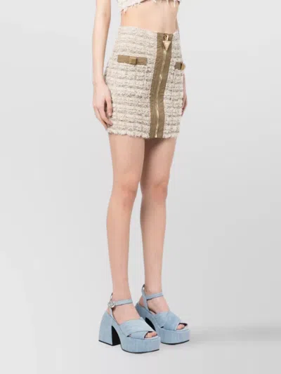 Balmain Button Embellished Front Zip Tweed Mini Skirt In Beige