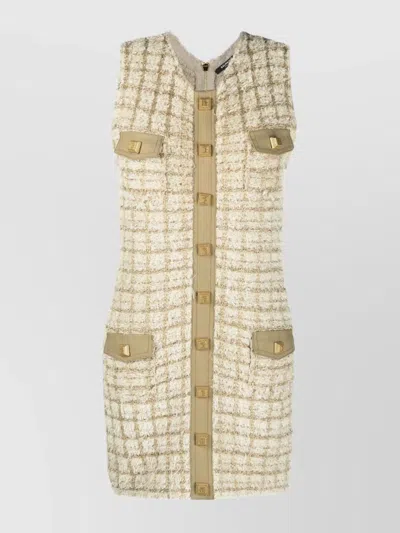 Balmain Textured Tweed Short Dress With Front Pockets In Neutral