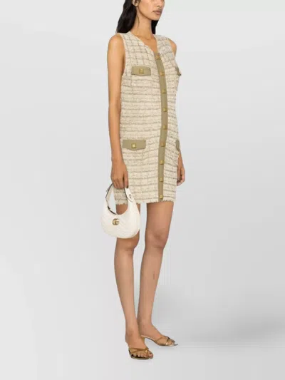 Balmain Textured Tweed Short Dress With Front Pockets In Neutral