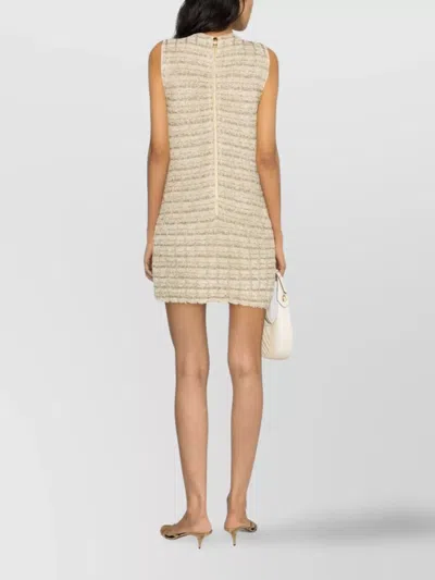 Balmain Textured Tweed Short Dress With Front Pockets In Neutral