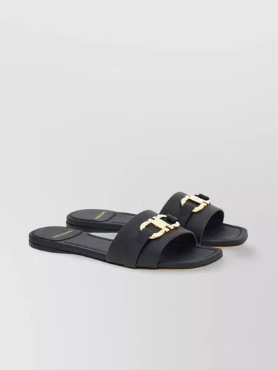 Ferragamo Leather Slides With Flat Sole And Gold-tone Hardware In Black