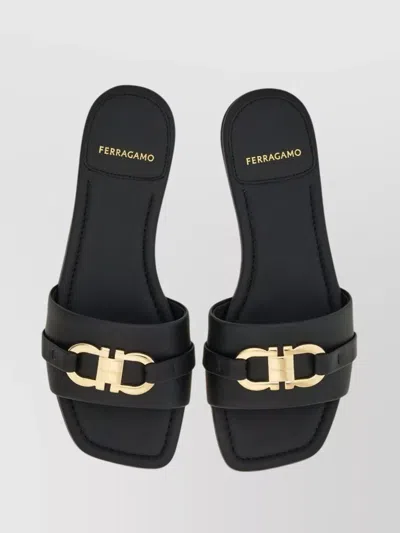 Ferragamo Leather Slides With Flat Sole And Gold-tone Hardware In Black