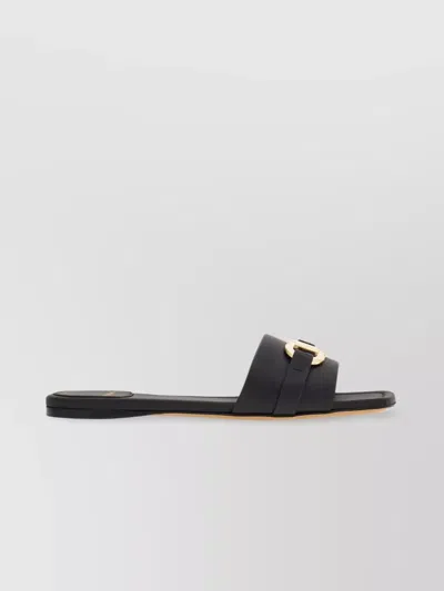 Ferragamo Leather Slides With Flat Sole And Gold-tone Hardware In Black