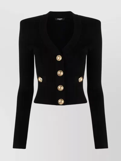 Balmain Structured Shoulder Black V-neck Cardigan With Decorative Buttons In Black