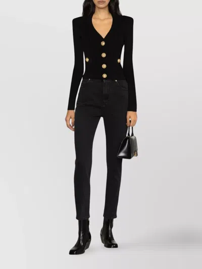 Balmain Structured Shoulder Black V-neck Cardigan With Decorative Buttons In Black