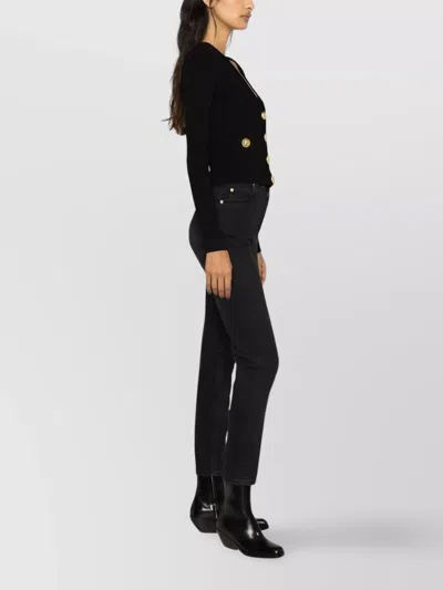 Balmain Structured Shoulder Black V-neck Cardigan With Decorative Buttons In Black