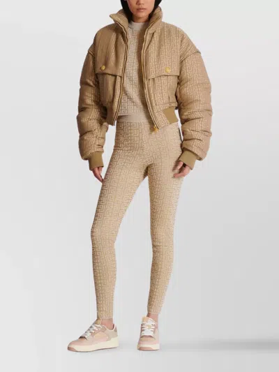 Balmain Ribbed Contrast Knit Leggings With High Waist In Neutral