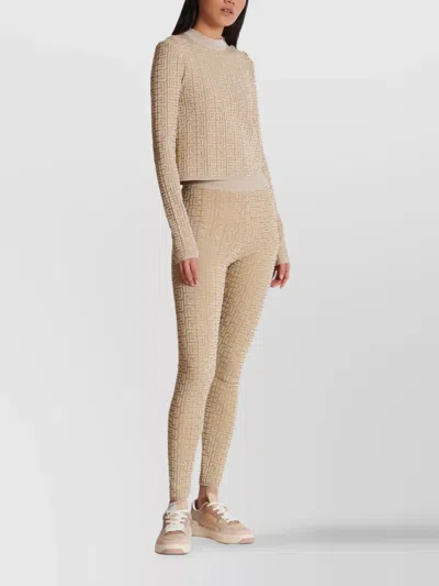 Balmain Ribbed Contrast Knit Leggings With High Waist In Neutral