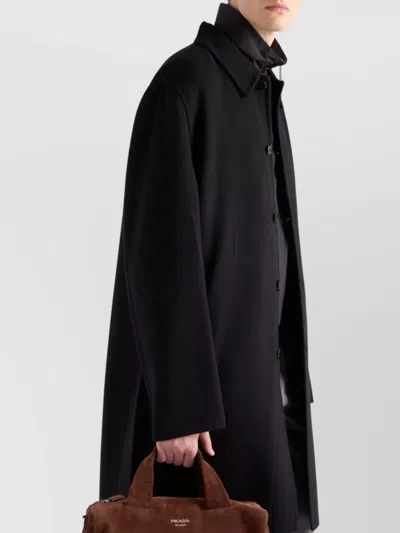 Prada Long Sleeve Single Breasted Coat With Side Pockets And Back Vent In Black