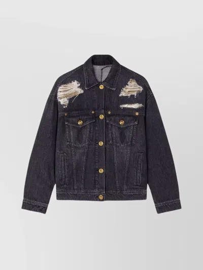 Versace Denim Jacket Distressed Front Pockets In Black