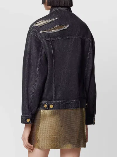 Versace Denim Jacket Distressed Front Pockets In Black
