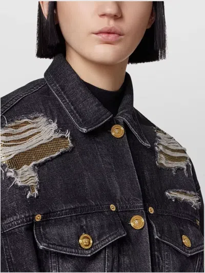 Versace Denim Jacket Distressed Front Pockets In Black