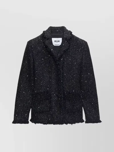Msgm Fringed Lapel Jacket Textured Fabric In Black