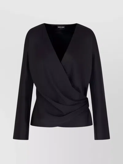 Giorgio Armani Silk Satin Draped V-neckline Waist Long Sleeves In Black