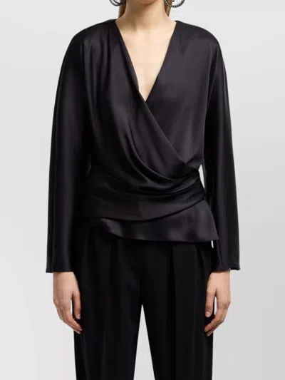 Giorgio Armani Silk Satin Draped V-neckline Waist Long Sleeves In Black