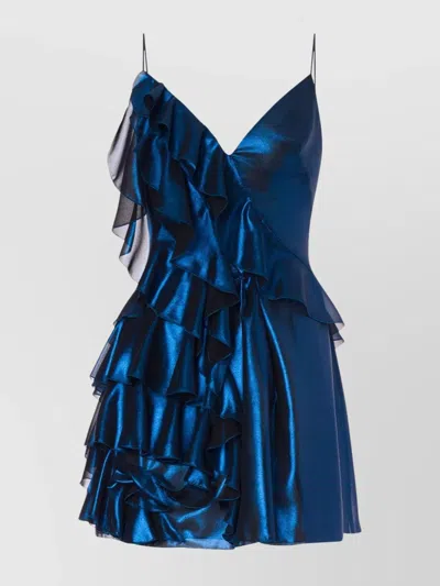 Alberta Ferretti Shiny Dress Frilled Spaghetti Straps In Blue